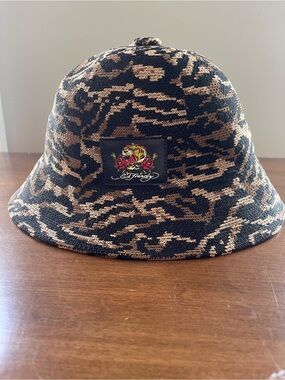 Ed Hardy Black & Tan Knit Leopard-Print Bucket Hat with Tiger Patch